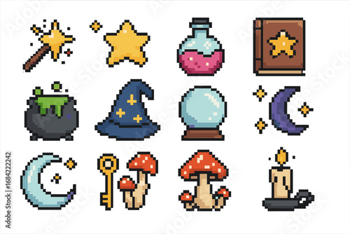 Pixel art magic and fantasy icon set. 8-bit wizard and witch symbols like potion, spell book, cauldron, wand, crystal ball. Retro gaming mystical vector elements.