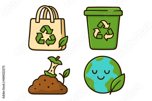 Sustainable living symbols illustrating eco-friendly habits and recycling practices, green earth care, composting, reusable bags, waste reduction, environmental protection, vector cartoon illustration