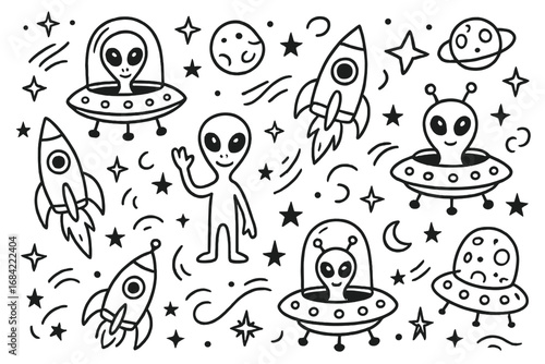 Space doodle set with cute aliens, UFOs, rockets, planets and stars. Hand drawn cartoon vector illustration. Galaxy cosmic characters and spaceships for kids design.