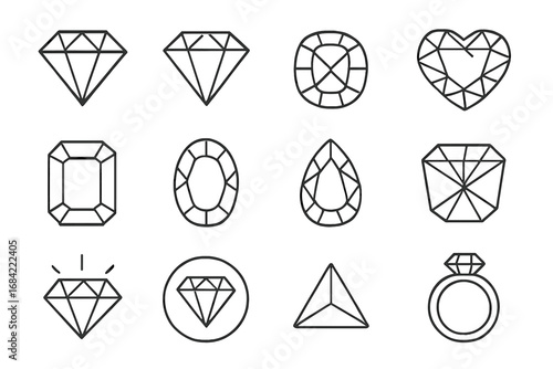 Jewelry line icons set. Diamond, gem, gemstone symbols collection. Precious stone outline vector. Brilliant, emerald, pear, heart, trillion cut. Luxury jewel, diamond ring.