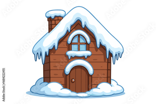 Winter house icon with snow and icicles. Vector cartoon illustration of a cozy wooden cottage. Real estate symbol for cold weather, Christmas holidays, and seasonal design.