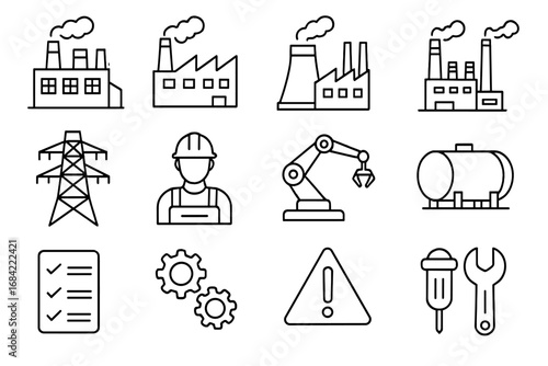 Industrial line icon set. Factory, manufacturing, and power plant symbols. Vector outline signs for web and apps. Worker, robotic arm, automation, energy, and tools pictograms.