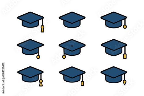 Graduation cap icon set for education and academic themes. Vector cartoon mortarboard symbols. University, college, and school student achievement illustrations for web and apps.