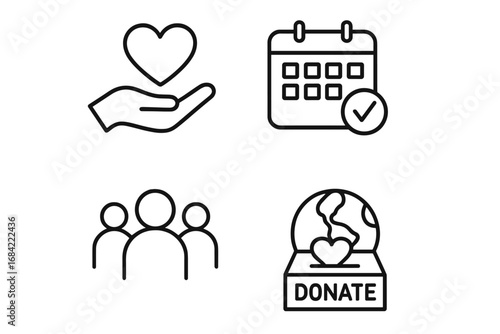Volunteer Icon Set with Heart in Hand, Calendar Schedule, Group of People, Globe and Donation Box, Outline Style, Charity Engagement, Social Responsibility Vector Illustration