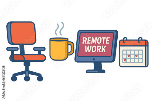 Remote work concept with office elements. Home office setup with computer, chair, coffee mug and calendar. Freelance, telecommuting and flexible job vector illustration.