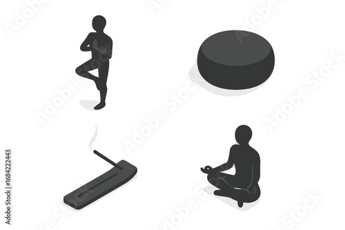 Mind-Body Wellness Icons Set, Isometric Flat Design of Yoga Pose Silhouette, Meditation Cushion, Incense Stick, and Meditation Silhouette for Relaxation and Mindfulness
