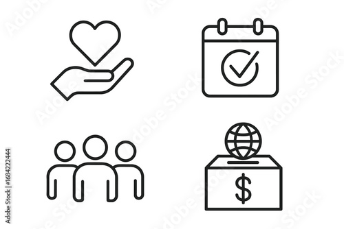 Volunteer Icon Set, Outline Volunteer Engagement and Charity Icons, Hand Holding Heart, Calendar Planning, Group of People, Globe Donation Box, Transparent Vector Illustration