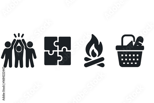 Team Building Icons Set with Group High Five, Puzzle Pieces, Campfire, Picnic Basket – Solid Filled Vector Cartoon Illustration of Collaborative Activities and Outdoor Fun