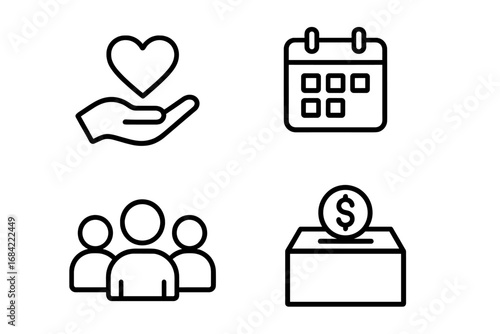 Volunteer Icon Set Outline for Volunteer Engagement and Planning, Hand Holding Heart, Calendar, People Group, Donation Box, Globe Symbol, Transparent Vector Illustration
