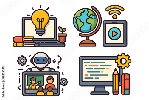 E-learning and technology icon set. Online education, AI robot tutor, coding, and global connection concepts. Vector cartoon illustrations for web, apps, and promotion.