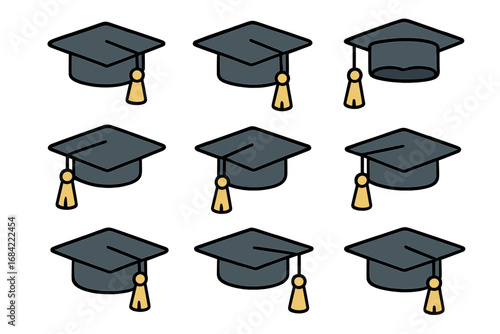 Graduation cap and mortarboard vector icon set. Academic ceremony hat with tassel. University, college, and school education symbol. Student achievement and degree concept.