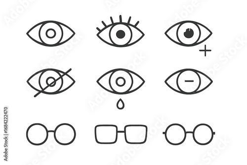 Vector eye and glasses line icon set. Ophthalmology, optometry symbols. Vision care concept. Farsightedness, nearsightedness, blindness signs. Crying eye, eyewear graphics.