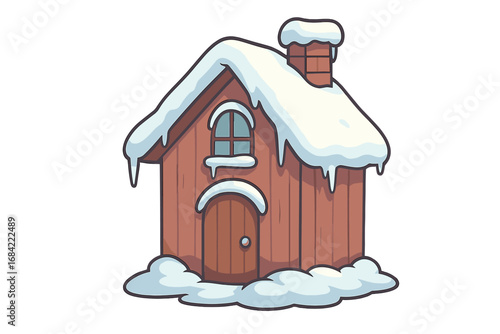 Cartoon winter house covered in snow. Frozen wooden cabin with chimney vector illustration. Isolated cute fairytale cottage for Christmas card, holiday design, web icon.