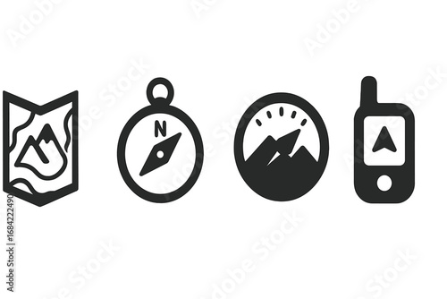 Mountain navigation tools icon set. Solid glyphs of topographic map, compass, altimeter, GPS device. For hiking, trekking, adventure, exploration, climbing, cartography.