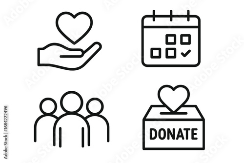 Volunteer icon set outline collection including hand holding heart, calendar schedule, people group, donation box heart symbol for charity and community engagement vector illustration