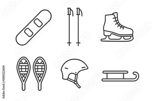 Winter sports icons outline set featuring snowboard, ski poles, ice skates, sled, snowshoes, helmet, winter outdoor activities, winter recreation, winter gear vector illustration