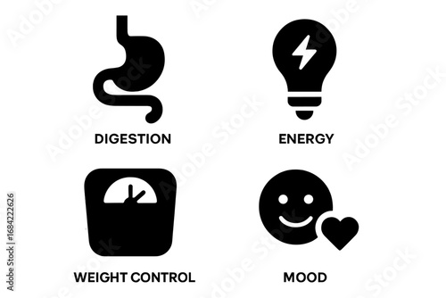 Solid Filled Mindful Eating Icons Set of 4 Benefits Including Digestion, Energy Boost, Weight Control, Mood Enhancement, Stress Relief Vector Illustration