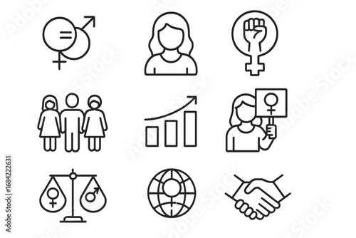 Gender equality and feminism line icon set. Concepts of women empowerment, female rights, diversity, and social justice. Vector icons for protest, unity, and equal opportunity.