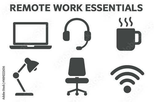 Remote work essentials vector icon set. Home office, freelance and telecommuting solid glyph icons. Laptop, headset, coffee, lamp, chair, wifi symbol for business.