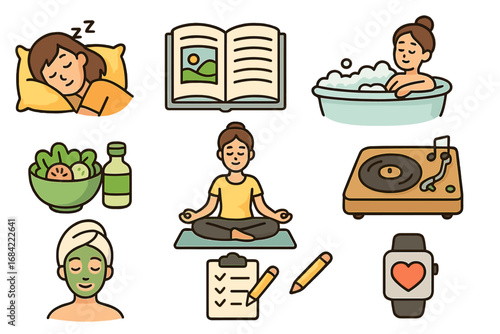 Self care icon set for mental health and wellbeing. Vector cartoon illustrations of daily routine activities for mindfulness: sleep, yoga, reading, bath, healthy food, music.