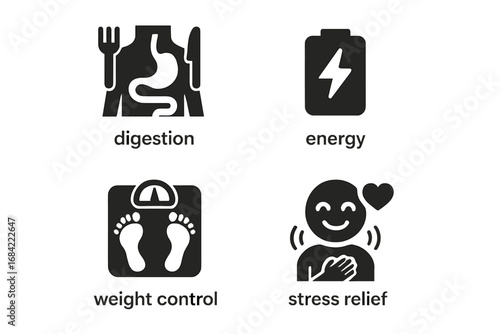 Mindful Eating Benefits Icons Set, Solid Filled Vector Illustrations for Digestion, Energy, Weight Control, Mood Enhancement, Stress Relief, Healthy Lifestyle Symbols