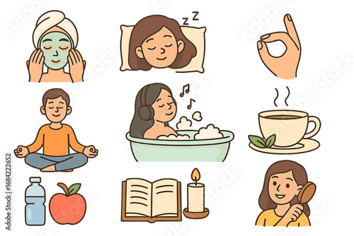 Self care icon set for mental health and wellness. Vector cartoon collection of daily routine activities for mindfulness, relaxation, and stress relief. Healthy lifestyle habits.