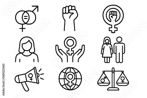 Feminism and gender equality line icon collection. Vector symbols of women empowerment, girl power, protest, and equal rights. Editable stroke icons for social issues.
