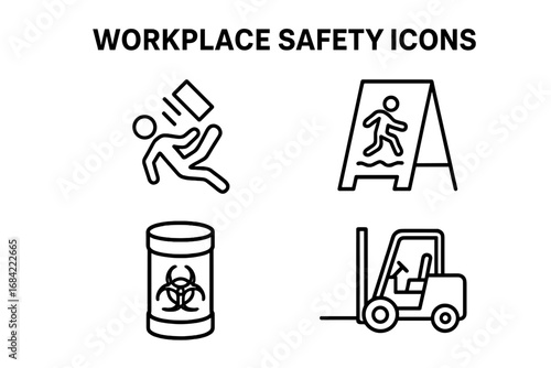 Workplace Safety Icons Vector Set, Outline Symbols of Safety Hazards Including Falling Object, Wet Floor Warning, Biohazard Container and Forklift, Industrial Safety Precautions Illustration
