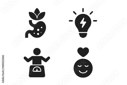 Mindful Eating Icon Set with Solid Filled Glyphs, Benefits of Mindful Eating, Digestion Improvement, Energy Boost, Weight Management, Mood Enhancement, Stress Relief Vector Illustration