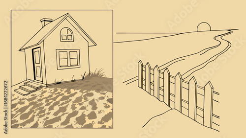 Cottage illustration sandy beach scene picket fence sunset landscape line art drawing.
