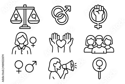 Feminism and gender equality vector icon set. Symbols of female empowerment, social justice, protest, and equal rights. Woman power, diversity. Editable stroke line icons.