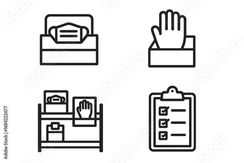 PPE inventory management outline icon set. Medical supply vector icons of face mask box, glove box, storage shelf rack, and clipboard with stock checklist. Personal protective equipment.