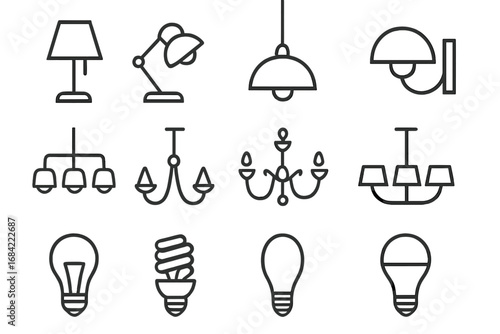 Lamp and light bulb line icon set. Vector collection of minimalist pictograms including table lamp, chandelier, luster, and sconce. Home interior lighting and electricity symbols.