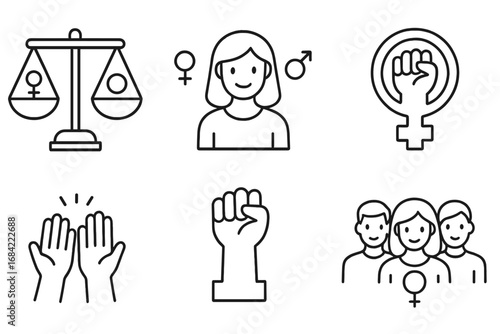 Gender equality and feminism line icon set. Symbols of women's rights, female empowerment, protest, and solidarity. Vector icons of justice scales, power fist, gender signs.