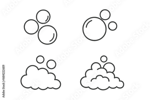 Bubble and foam line art vector icon set. Simple outline illustration for soap, suds, and cleaning concepts. Cartoon drawing of water fizz, soda pop, and effervescent liquid.