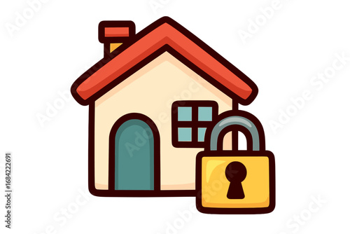 House security icon with padlock. Home safety and protection symbol. Real estate and property insurance concept. Vector cartoon illustration for web, apps, and print design.