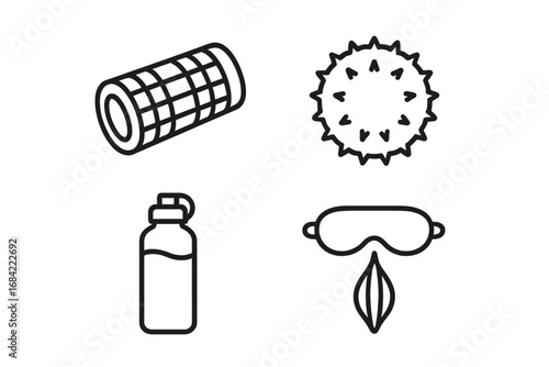 Mindful Recovery Icons Set of 4 Outline Vectors with Foam Roller, Massage Ball, Water Bottle, Sleep Mask for Relaxation & Muscle Therapy Wellness and Rest