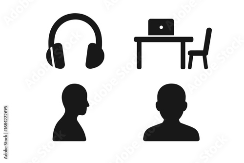 Modern loneliness icon set. Solid glyph icons of social isolation, depression and solitude. Includes headphones, isolated workspace, and anonymous person profile silhouette.