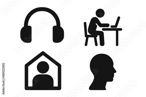 Modern loneliness solid icon set. Vector symbols for isolation, remote work, home office, depression, social distancing, headphones and mental health concepts. Glyph style.