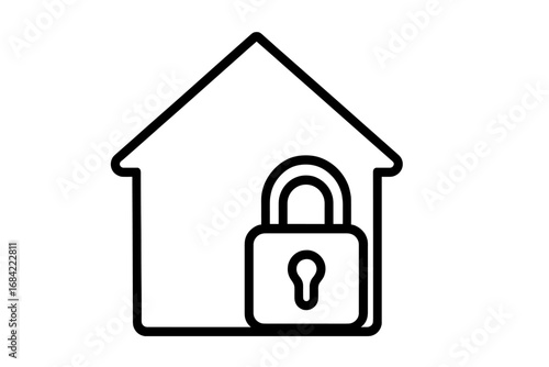 Home security icon, house and lock symbol for safety and protection. Real estate property secure. Vector linear illustration for web, app, ui, ux. Private access control.