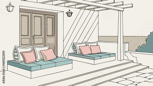 Cozy Patio Seating Area with Pergola and Cushions Architectural Illustration.