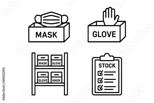 PPE inventory icons. Personal protective equipment management outline icon set. Vector of mask, glove, box, shelf rack, clipboard stock list. Medical safety supplies.