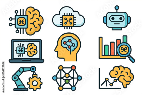 AI icon set. Artificial intelligence, machine learning concepts. Vector icons for data science, robotics, cloud computing, automation, and deep learning neural networks.
