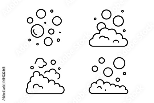 Bubble and foam linear icon set for graphics and design. Vector cartoon illustration of soap suds, fizz, and water spray. Clean and washing concept symbols. Simple outline signs.