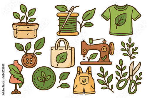 Sustainable fashion icon set. Eco-friendly clothing, slow fashion concept. Natural, organic textile and sewing elements. Handmade craft vector cartoon illustration collection.