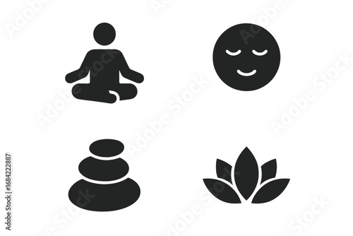 Mindfulness icon set, solid filled icons of meditation pose, calm peaceful face, balanced zen stones, lotus flower vector illustration, relaxation and contemplation symbols