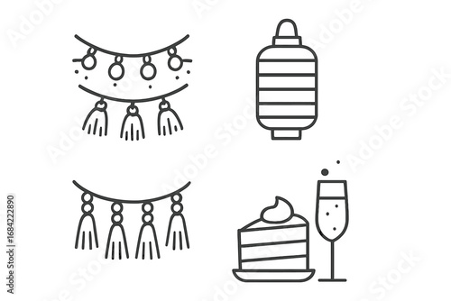 Party decorations outline icon set. Celebration vector line art collection. Includes fairy lights, paper lantern, tassel garland, cake slice, champagne glass. Festive event symbols.