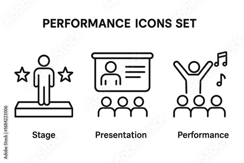 Performance line icons set. Vector illustration for stage success, business presentation, and entertainment show. Public speaking, winner, concert, and conference symbols.