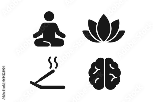 Mindfulness and Meditation Icon Set, Solid Filled Vector Illustrations Including Meditating Person, Lotus Flower, Incense Stick, and Brain Symbol for Mindfulness Practice