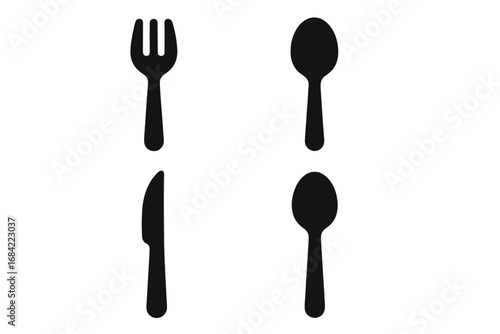 Solid black utensil icon set with eating and serving cutlery including salad fork, soup spoon, steak knife, and serving spoon vector cartoon illustration for kitchen and dining